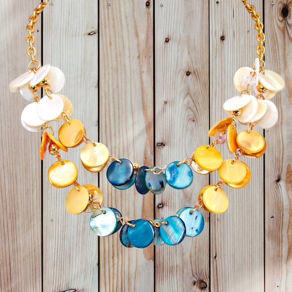 Multi color shell necklace and earring set in blue, beige, and white shell disk - Picture 12 of 12